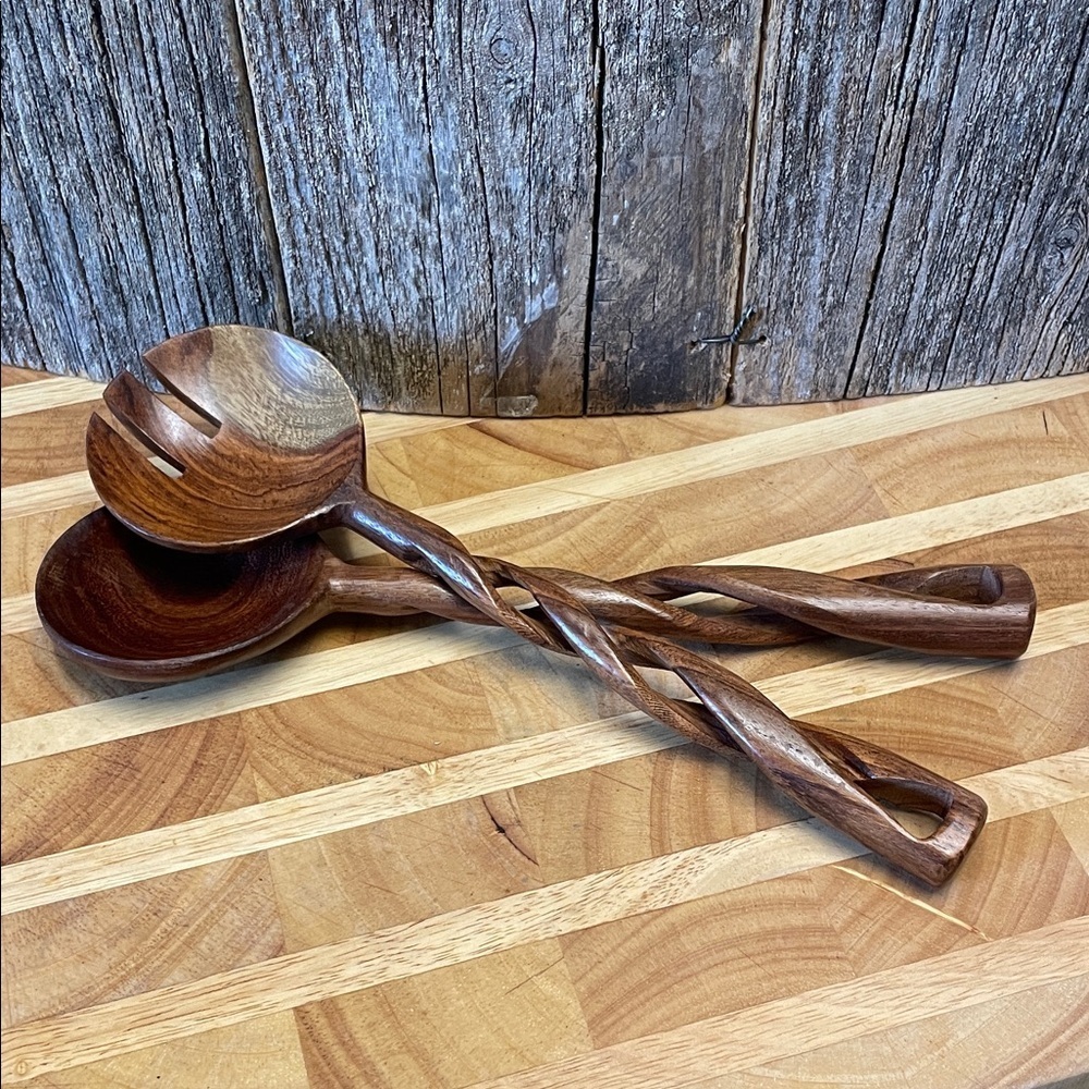 Handcrafted Wooden Salad Servers with Twisted Handles | Set | Cottagecore